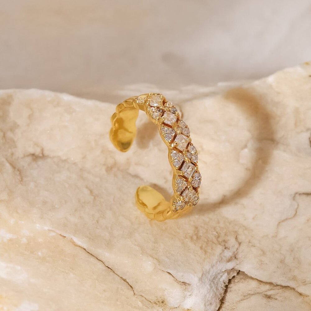 Zircon Lattice Texture Flower Ring 18K Gold Adjustable - Picture 7 of 10